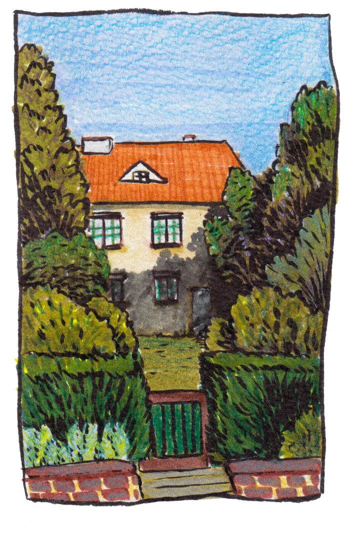 drawing landscape house color pencils china ink neocolor